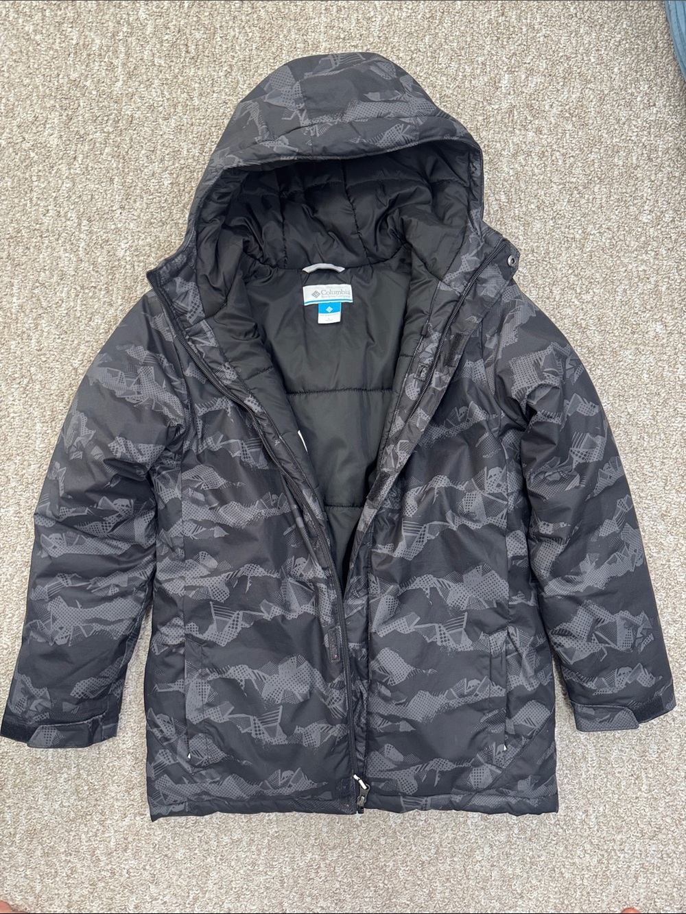 Columbia Kids Black & Gray Camouflage Puffer Jacket with Hood